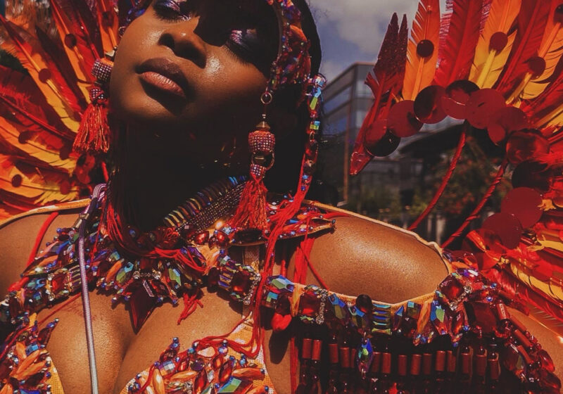 The author poses for a phoo while wearing a costume inspired by the Chinese dragon during Trinidad Carnival. The costume features many feathers, gems and tassels of varied hues of red, orange, yellow, orange, and touches of blue.